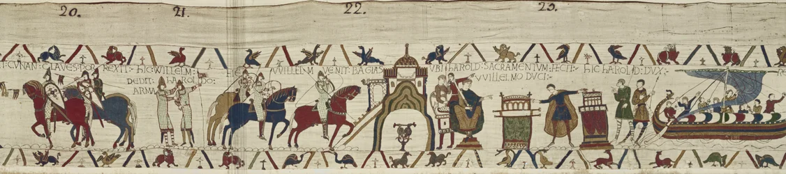 El duque Guillermo acepta las llaves de Dinan y entrega armas a Harold, quien jura lealtad a Guillermo en Bayeux, Tapiz de Bayeux